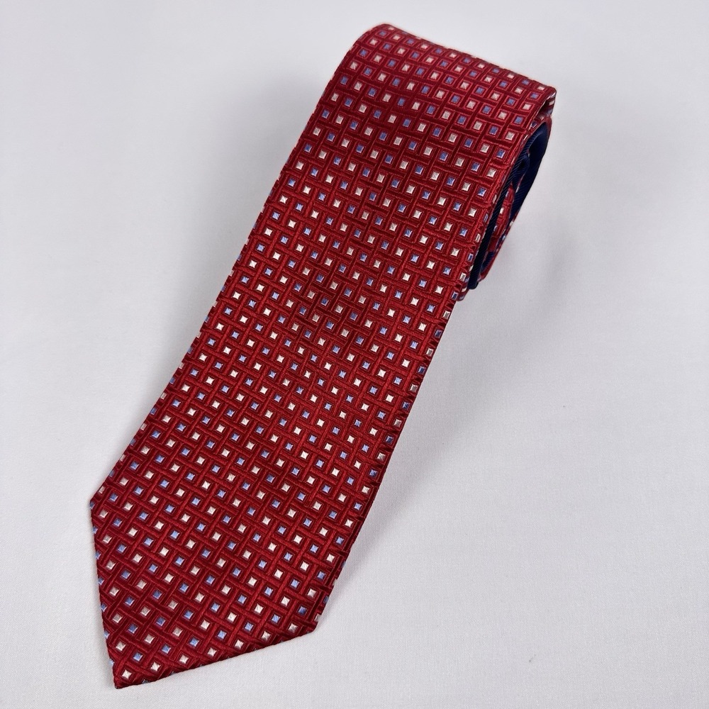 Tommy Hilfiger Silk Tie Red Silver Blue Square Geometric Jacquard 3.25" W 58.5"L